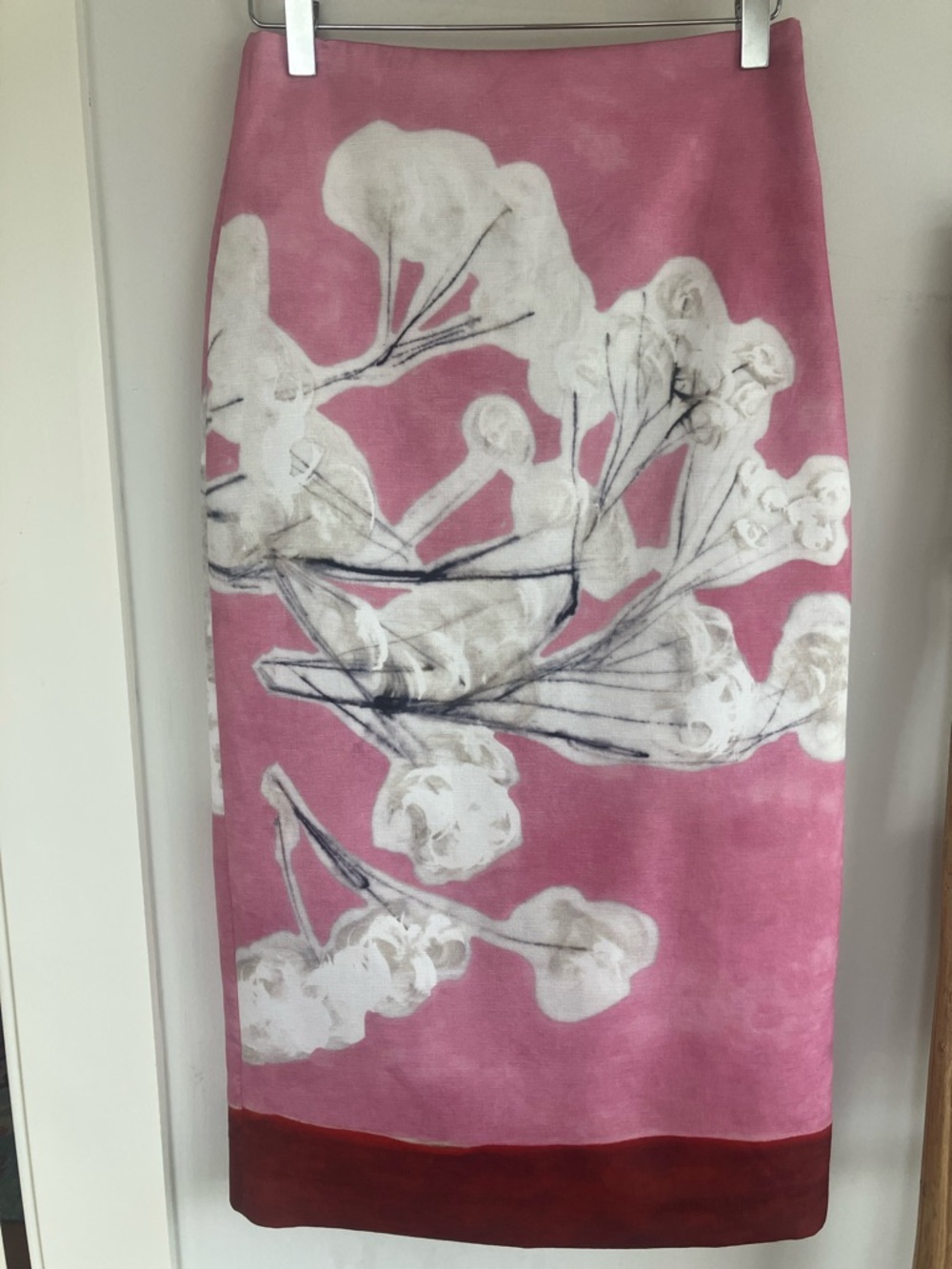 Pink Floral Midi Pencil Skirt with Contrast Hem